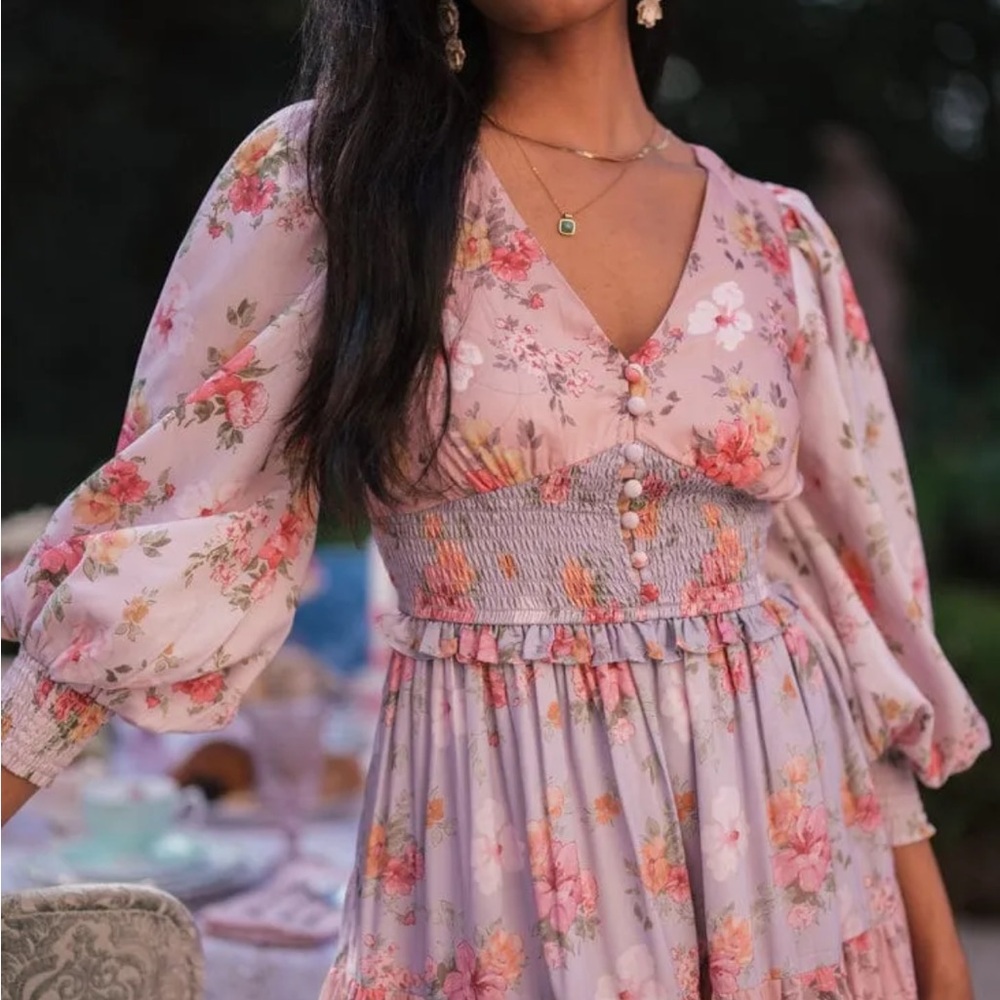 JESSAKAE Garden Rose Sweet Peony Floral Maxi Tea Dress Pink Purple Button Down - Picture 5 of 6